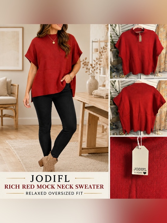 JODIFL Sweaters - JODIFL Crimson Red Mock Neck Oversized Pullover